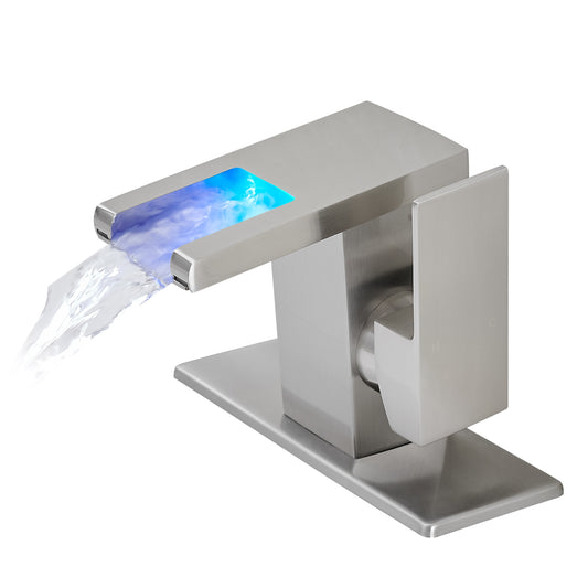 Lucvara LED Bathroom Sink Faucet, Single Handle Waterfall Glass Spout Mixer Tap with 3-Color Changing Lights, Hot and Cold One Hole Deck Mounted Faucet