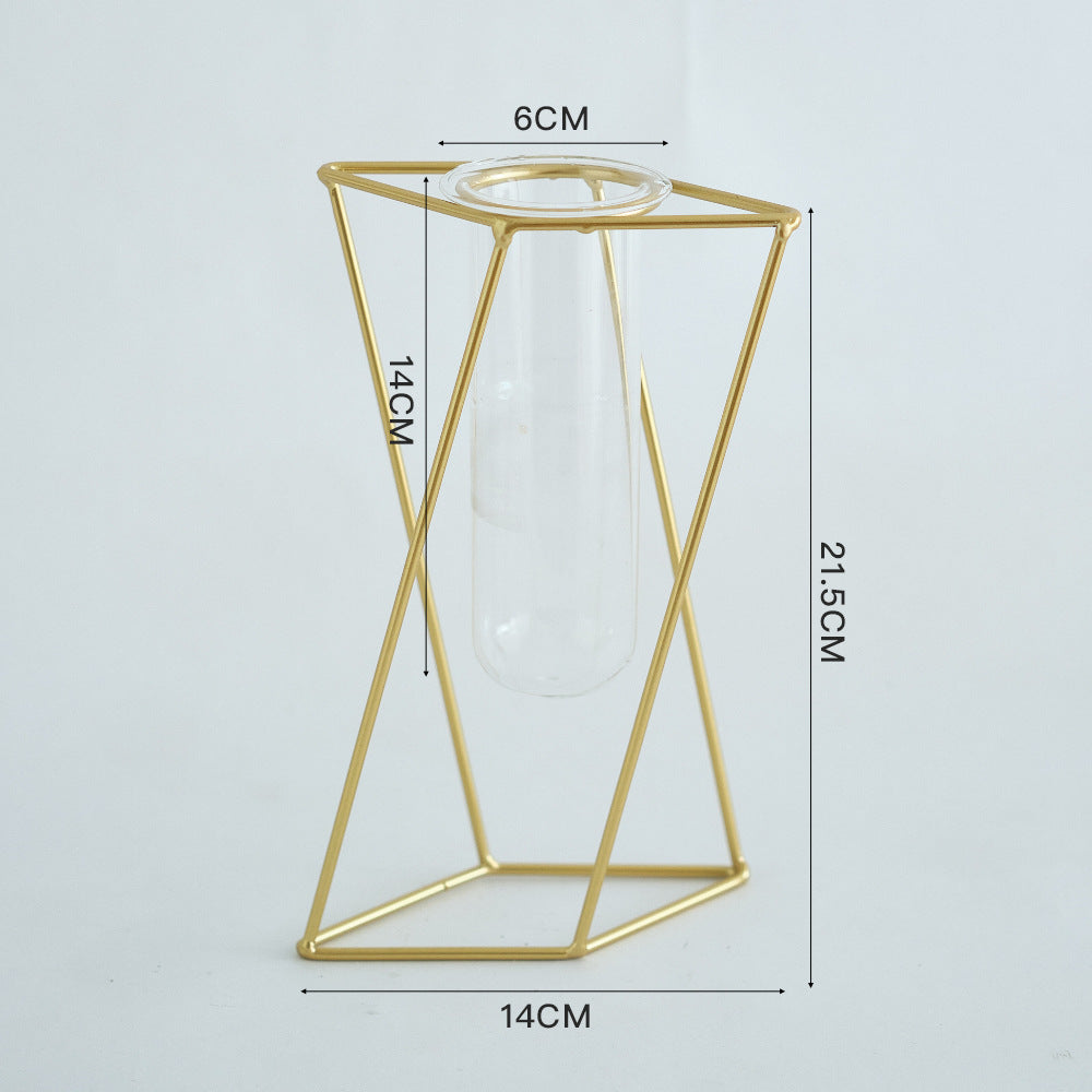 Lucvara Geometric Metal & Glass Vase – 8.5" x 5.5" Modern Decorative Flower Vase with Gold Iron Frame and Clear Glass Tube, Minimalist Centerpiece for Home, Office, or Events