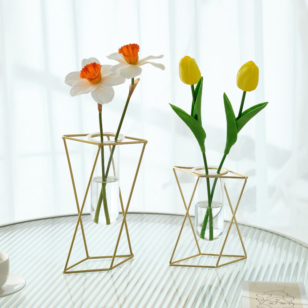 Lucvara Geometric Metal & Glass Vase – 8.5" x 5.5" Modern Decorative Flower Vase with Gold Iron Frame and Clear Glass Tube, Minimalist Centerpiece for Home, Office, or Events