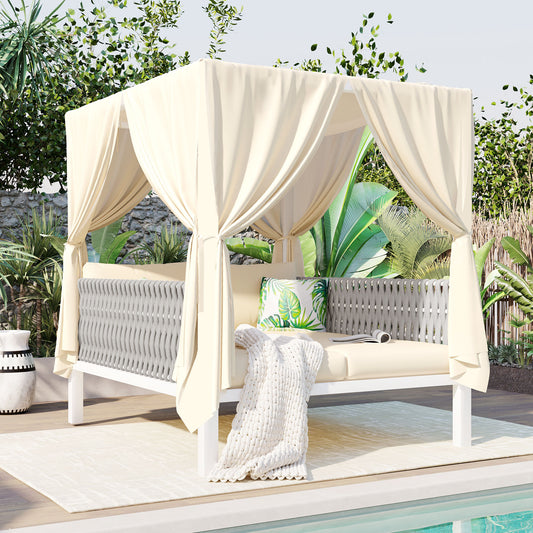 Lucvara Outdoor Patio Sunbed with Curtains, Comfortable Daybed Lounger for Garden, Deck, or Poolside