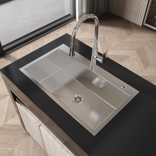 Lucvara 32" x 19" Stainless Steel Overmount Kitchen Sink – Single Bowl Handmade Sink in Brushed Nickel with US Standard Drain and Hook