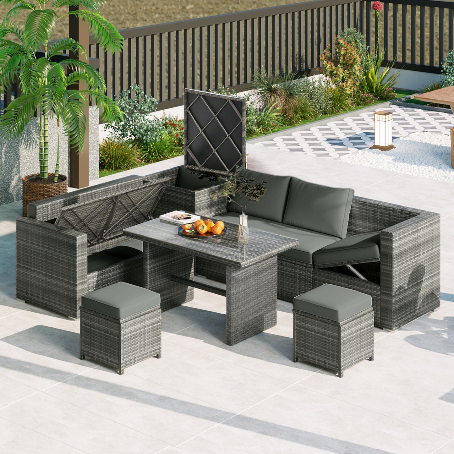 Lucvara 6-Piece Patio Wicker Furniture Set – Outdoor All-Weather PE Rattan Sectional with Adjustable Seats, Storage Box & Tempered Glass Table, Grey