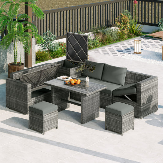 Lucvara 6-Piece Patio Wicker Furniture Set – Outdoor All-Weather PE Rattan Sectional with Adjustable Seats, Storage Box & Tempered Glass Table, Grey