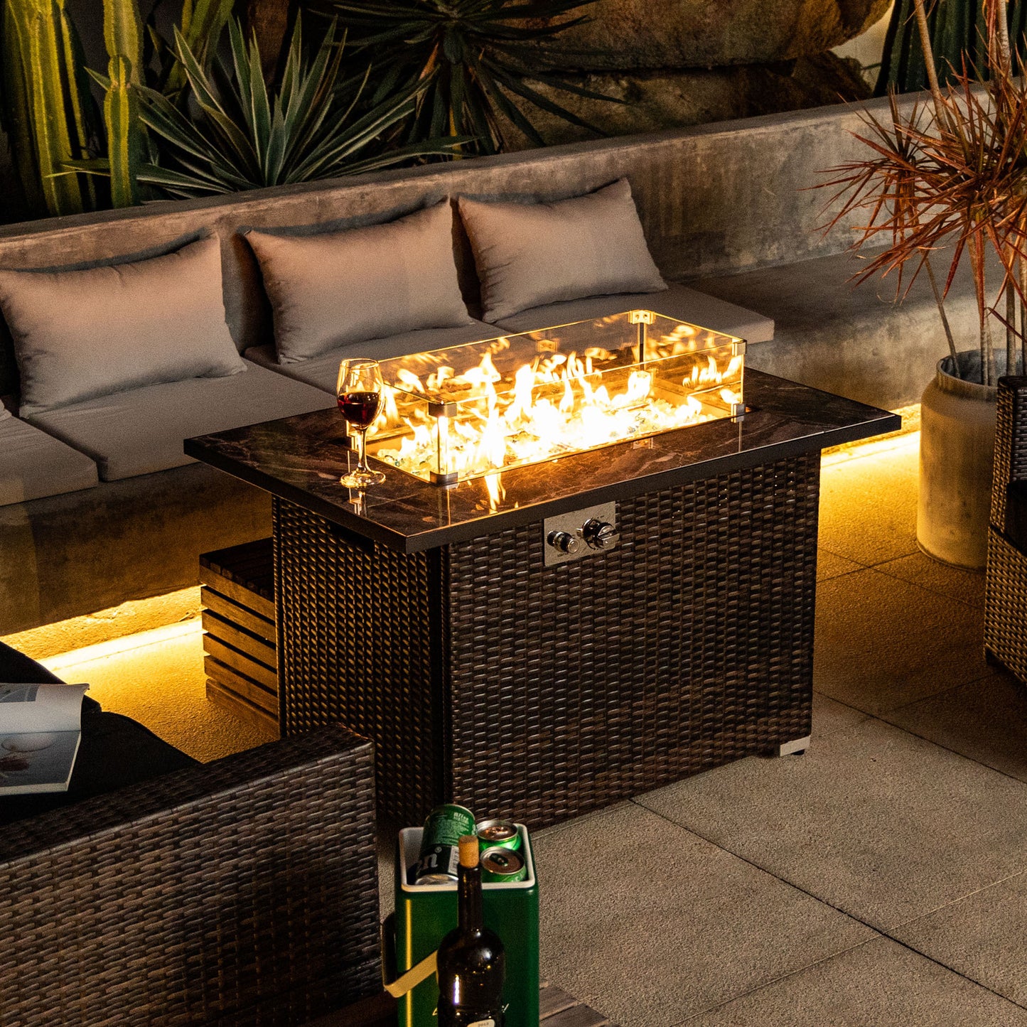 Lucvara 44″ Propane Gas Fire Pit Table – 50,000 BTU Rectangular Fire Table with Tile Tabletop & Wicker Base, Outdoor Patio, Brown