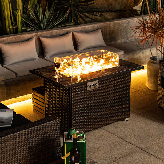 Lucvara 44″ Propane Gas Fire Pit Table – 50,000 BTU Rectangular Fire Table with Tile Tabletop & Wicker Base, Outdoor Patio, Brown
