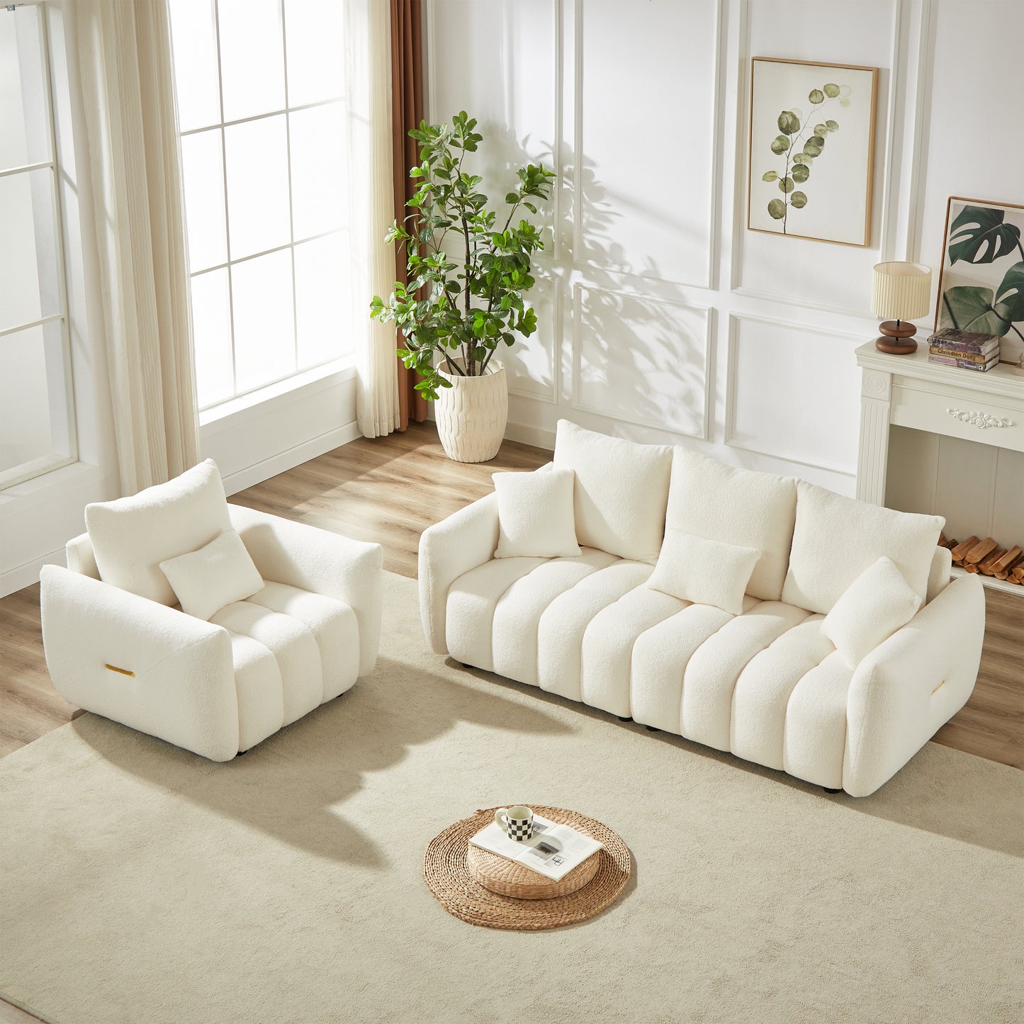 3 Seater + 1 Seater Combo Sofa Modern Living Room Sofa, Teddy Sofa, Wooden Frame, 4 Cushions, Apartment Sofa Furniture