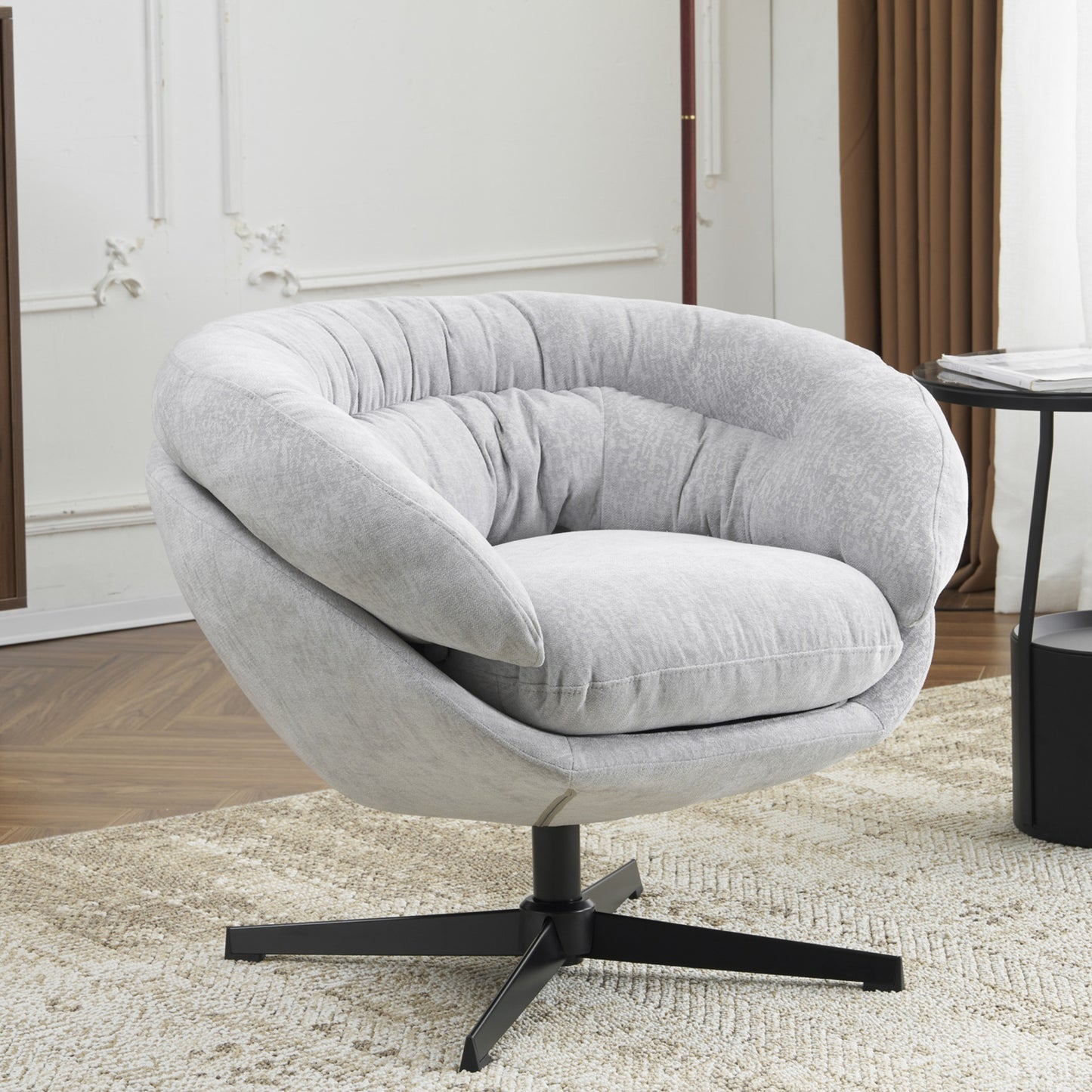Lucvara Modern Chenille Office Chair – 360° Swivel Round Club Accent Chair with Removable Cushion, Black Metal Base, Cotton Chenille Upholstery, Gray Lounge Chair for Living Room, Bedroom, or Office