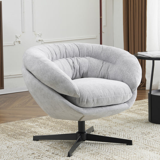 Lucvara Modern Chenille Office Chair – 360° Swivel Round Club Accent Chair with Removable Cushion, Black Metal Base, Cotton Chenille Upholstery, Gray Lounge Chair for Living Room, Bedroom, or Office