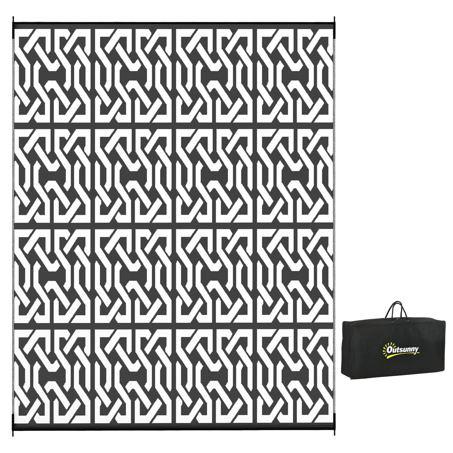 Lucvara Reversible Outdoor Rug – 8' x 10' Waterproof Plastic Straw Floor Mat for Backyard, Deck, Picnic, Beach, Portable RV Camping Carpet with Carry Bag, Black & White Chain