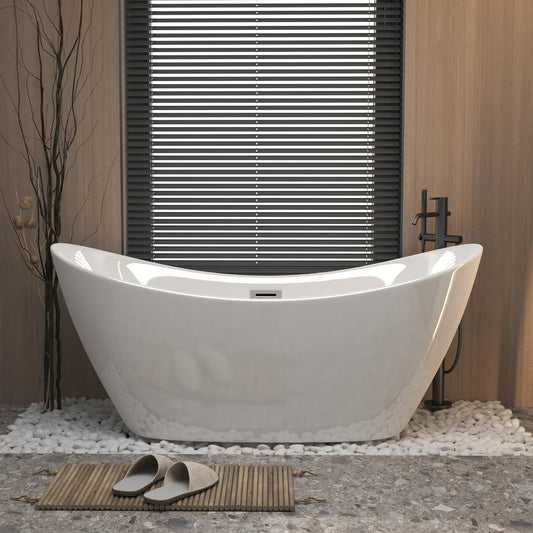 Lucvara 59" Acrylic Freestanding Bathtub, Gloss White with Chrome Overflow & Pop-Up Drain, cUPC Certified Modern Soaking Tub