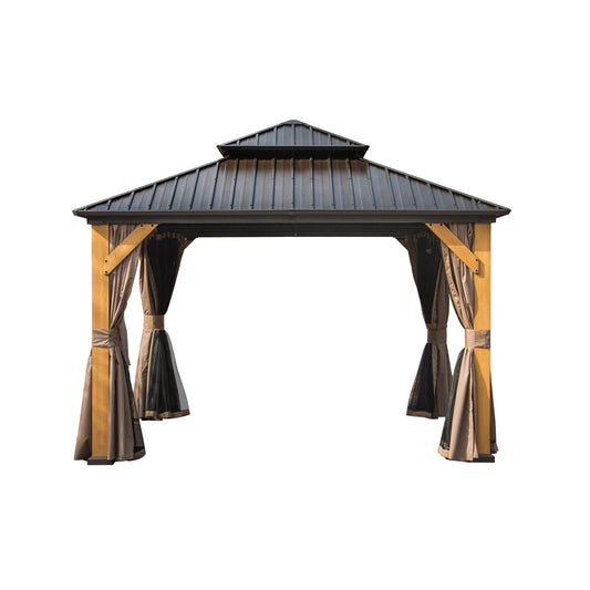 Lucvara 12′×12′ Outdoor Hardtop Gazebo, Cedar Wood Frame with Galvanized Steel Double Roof, Permanent Pavilion with Curtains & Netting, Brown