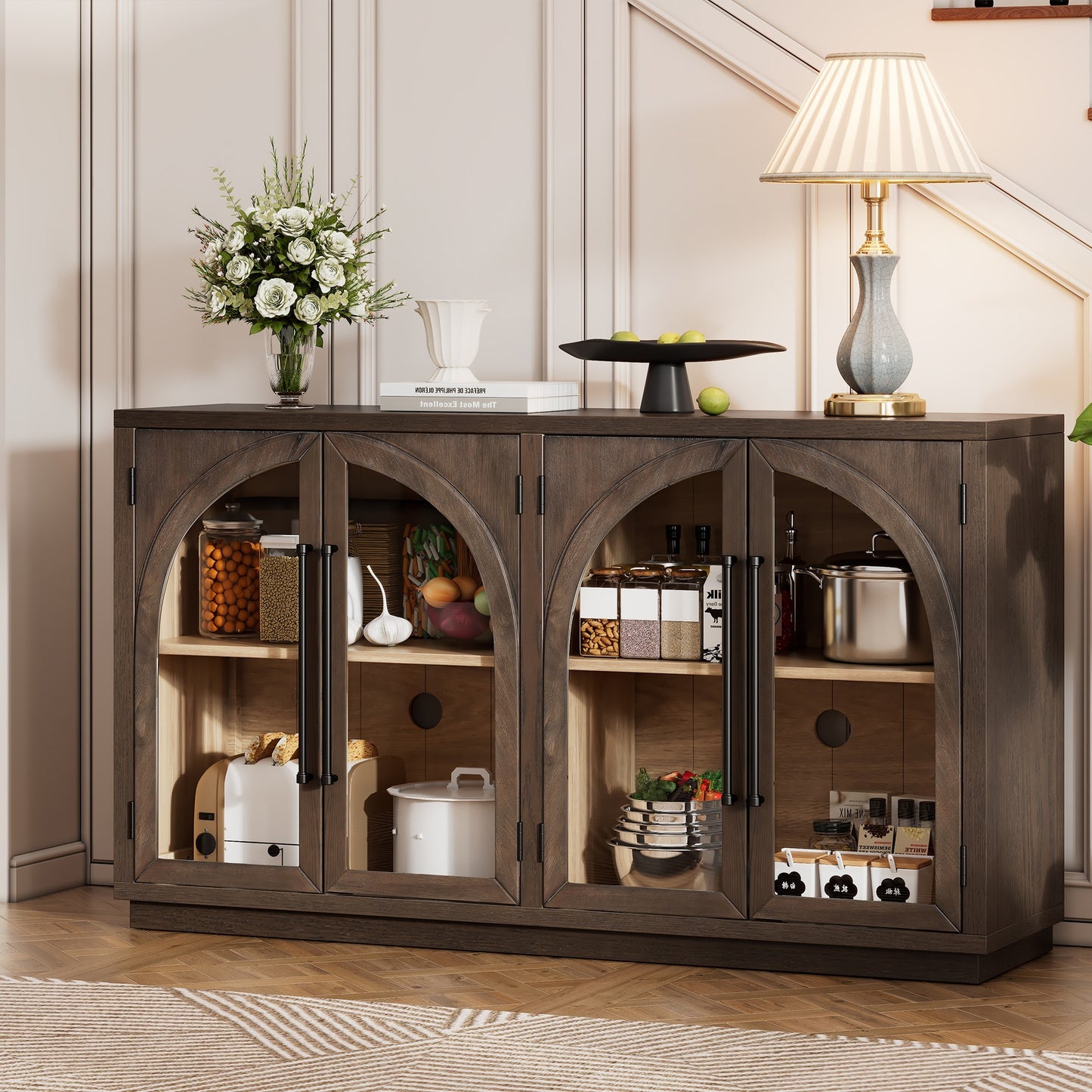 TREXM 4-Door Large Storage Sideboard Buffet Cabinet with Glass Doors, Arched Cabinet with Adjustable Shelves for Kitchen, Dining Room and Living Room (Espresso)
