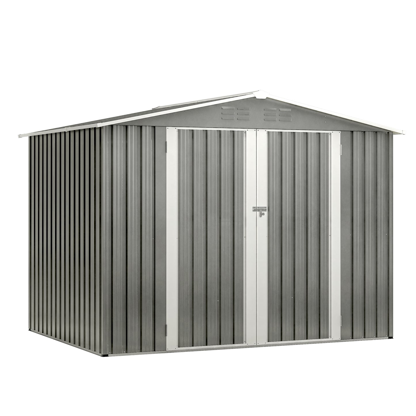 Lucvara 8x6 ft Outdoor Waterproof Garden Tool Storage Shed with Metal Floor Frame, Lockable Hinged Doors, and Air Vents – Heavy-Duty Storage House for Backyard or Lawn, Gra