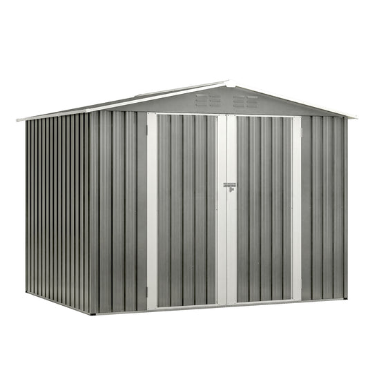 Lucvara 8x6 ft Outdoor Waterproof Garden Tool Storage Shed with Metal Floor Frame, Lockable Hinged Doors, and Air Vents – Heavy-Duty Storage House for Backyard or Lawn, Gra