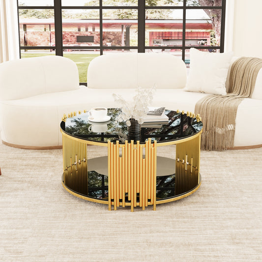 Lucvara Modern Minimalist Stainless Steel Coffee Table – Black Tempered Glass Circular Top, Light Luxury Living Room Table