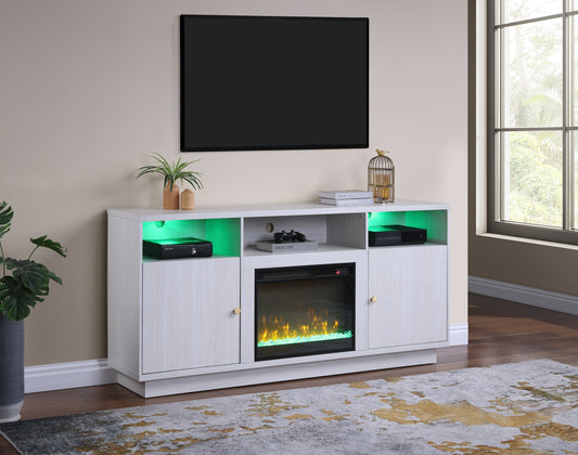 Lucvara 70-Inch Fireplace Console TV Stand – Modern White/Walnut Finish with Built-In Heater, LED Light, Storage Cabinets & Shelves