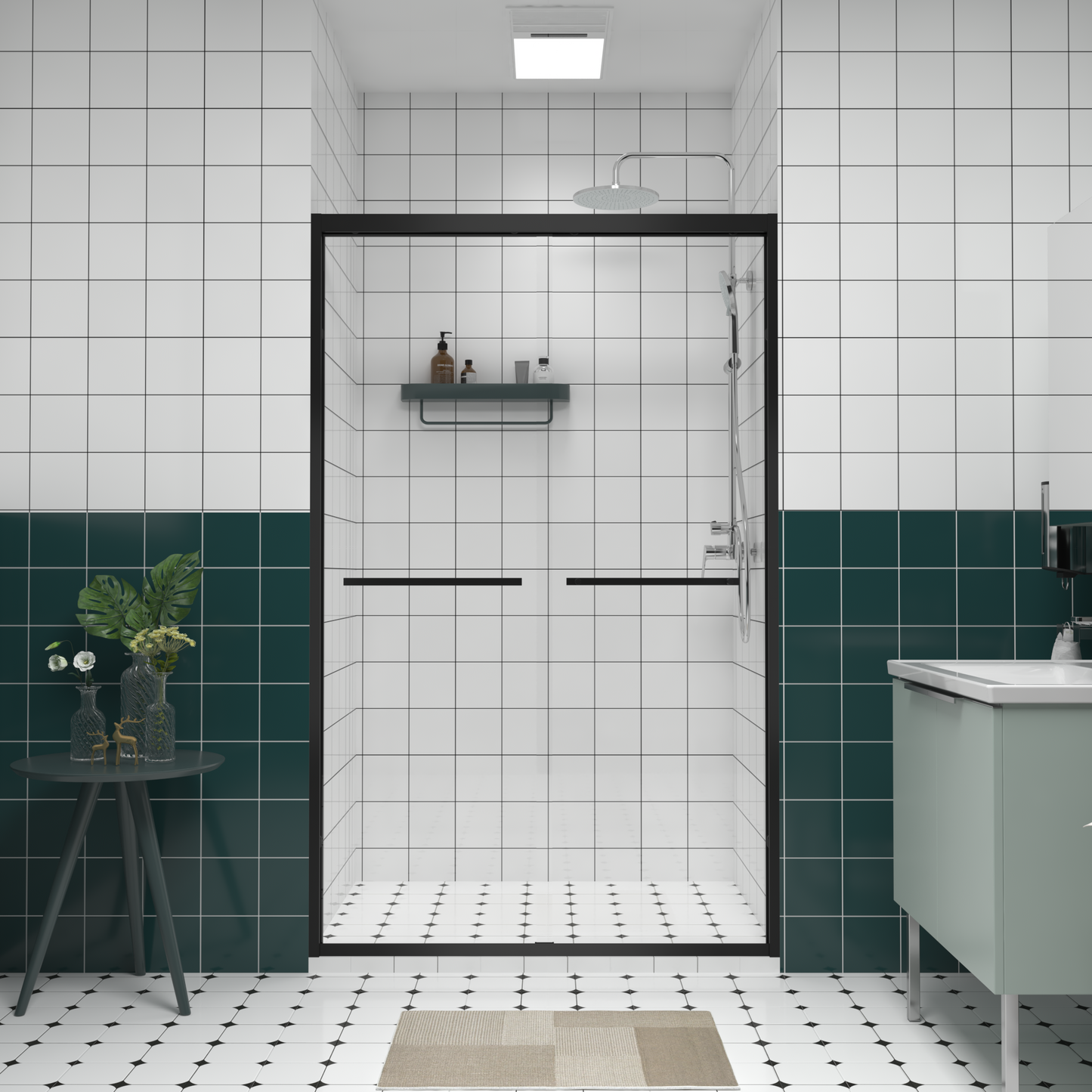 Lucvara 44–48" x 76" Double Sliding Shower Door – Matte Black Aluminum Frame, 1/4" (6mm) Clear Tempered Glass, Bypass Bathroom Sliding Enclosure