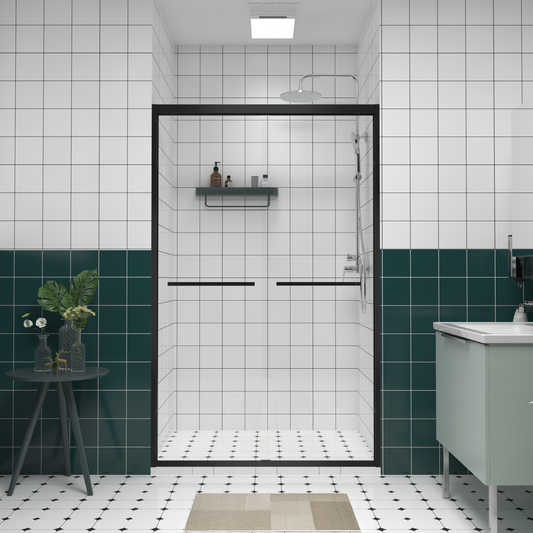 Lucvara 44–48" x 76" Double Sliding Shower Door – Matte Black Aluminum Frame, 1/4" (6mm) Clear Tempered Glass, Bypass Bathroom Sliding Enclosure