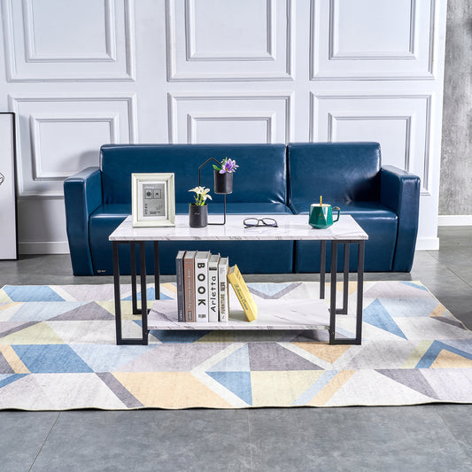 Lucvara 2-Layer Marble Top Coffee Table, 39.37" L MDF Rectangle Table with Iron Frame, White Top & Black Legs, Modern Dining Room & Coffee Shop Table