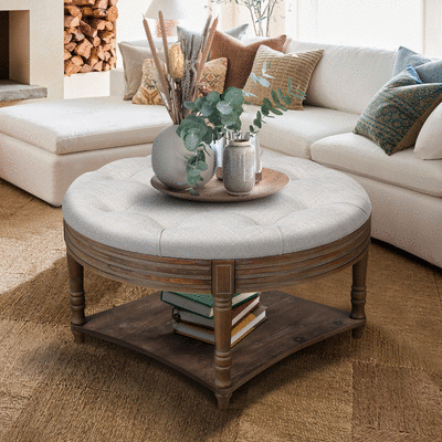 Lucvara Large Round Ottoman Coffee Table, 2-Tier Waterproof Button Tufted Storage Ottoman with Wooden Shelf, Farmhouse Upholstered Linen Footstool for Living Room (Light Gray)