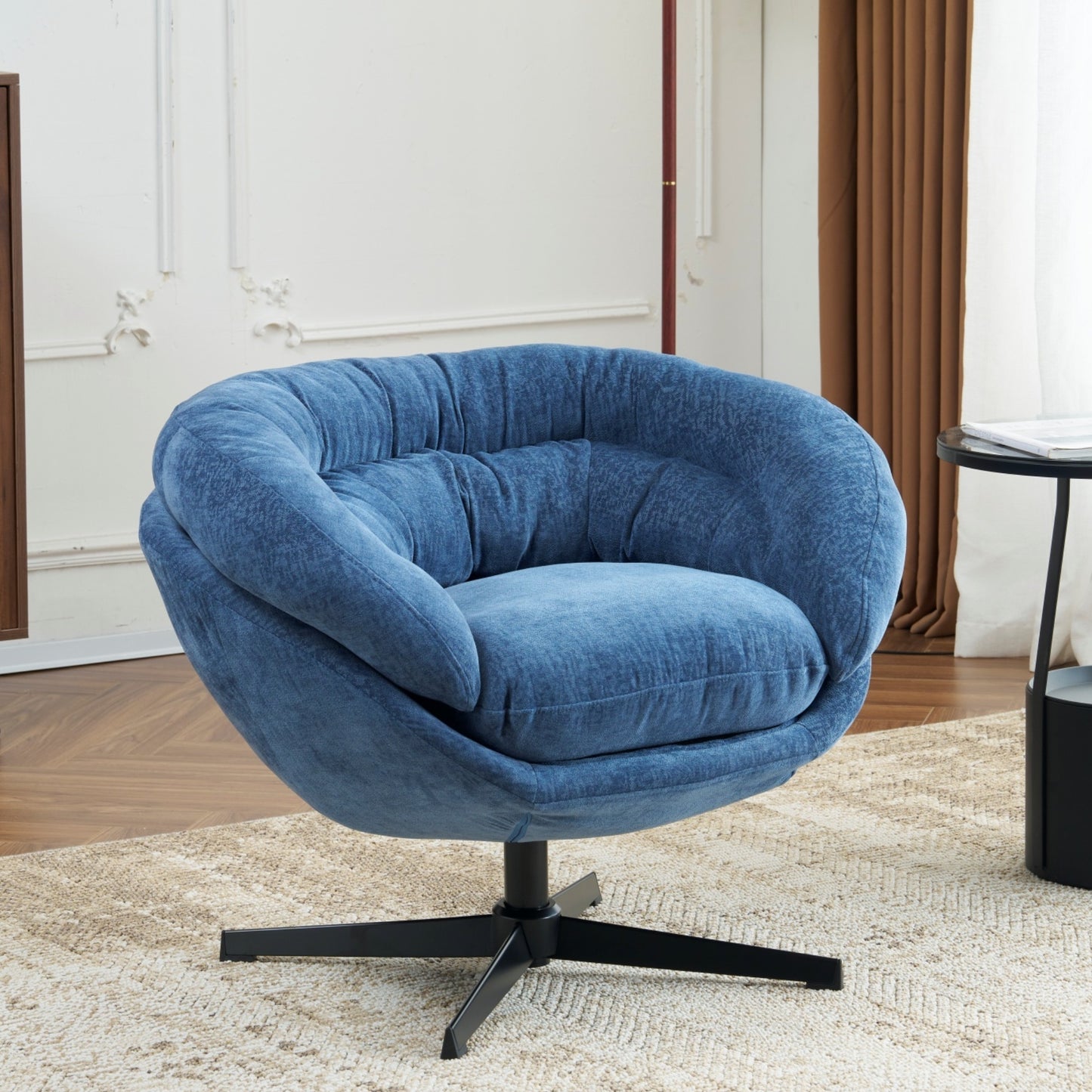 Lucvara Modern Chenille Office Chair – 360° Swivel Round Accent Club Chair with Removable Cushion, Black Metal Base, Cotton Chenille Upholstery, Navy Blue Lounge Chair for Living Room, Bedroom, or Office