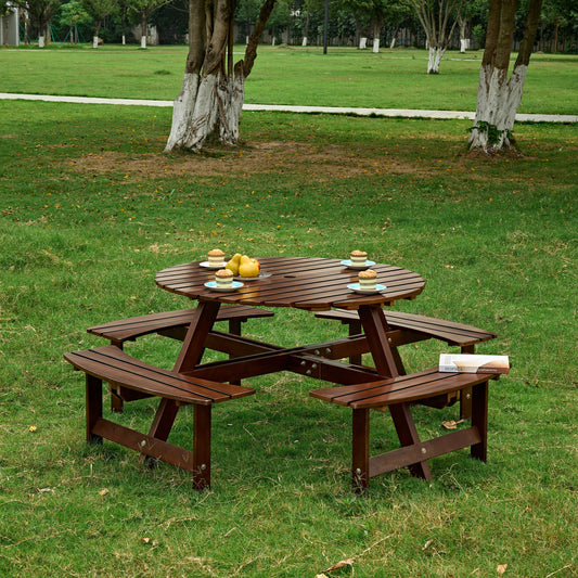Lucvara 8-Person Outdoor Picnic Table – Round Patio Dining Table with 4 Built-In Benches & Umbrella Hole, Brown Garden/Backyard Set