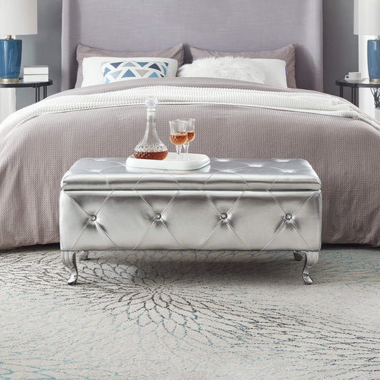 Lucvara Silver Faux Leather Upholstered Storage Ottoman Bench, Rectangular Footrest with Crystal Buttons for Bedroom, End of Bed, Living Room, or Entryway
