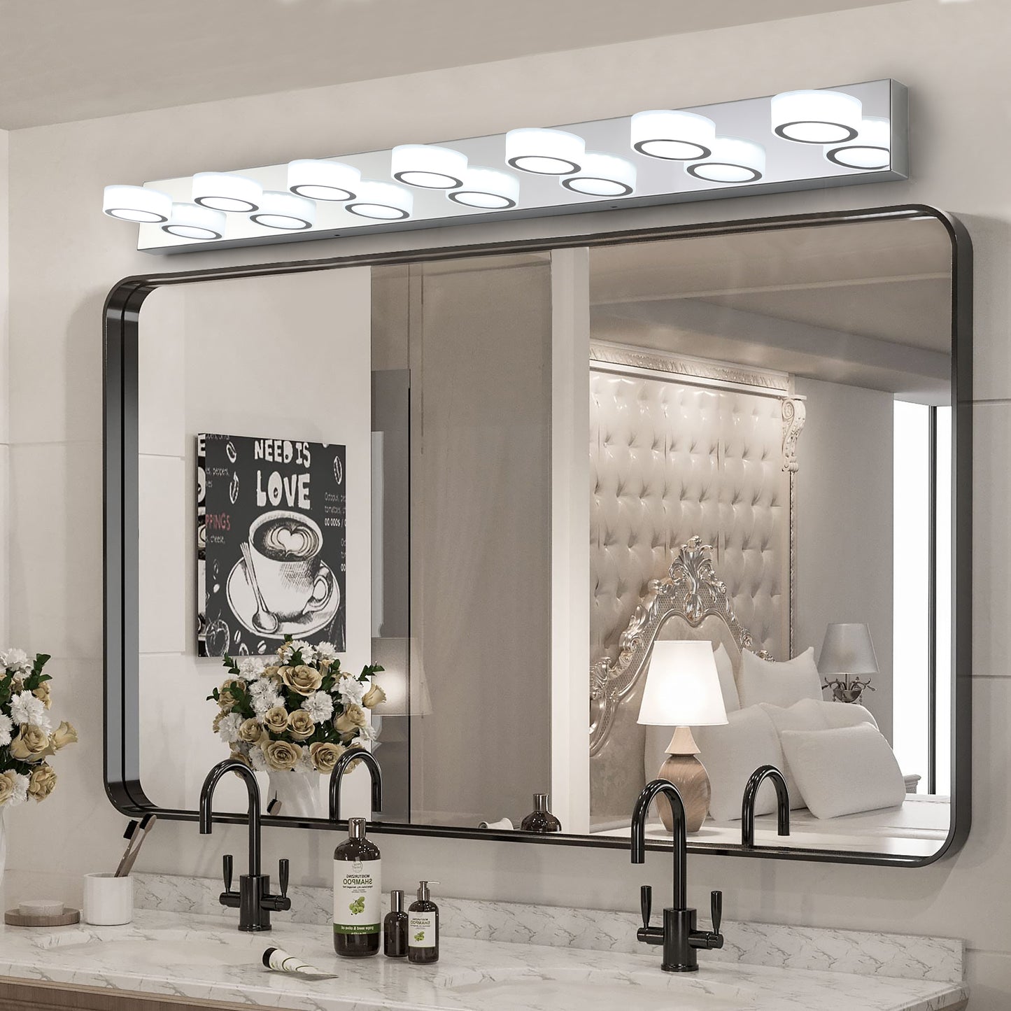 Lucvara 52" Modern 7-Light LED Vanity Light, Chrome Finish with Acrylic Shades, Dimmable Energy-Efficient Bathroom Wall Sconce for Mirror, Shower, or Bathroom Decor