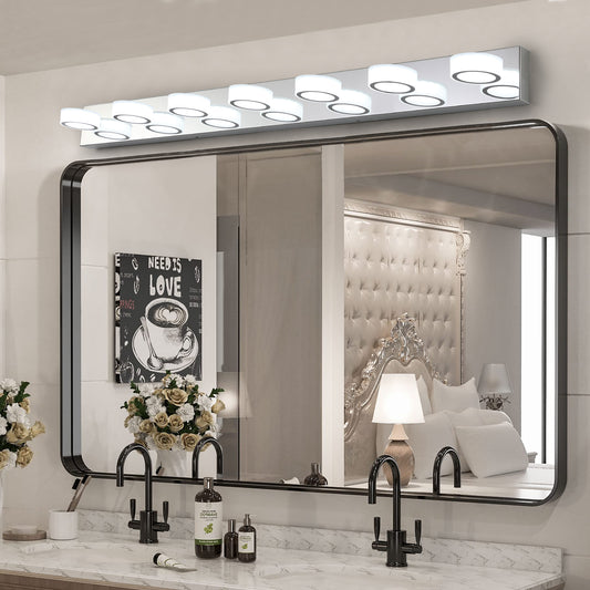 Lucvara 52" Modern 7-Light LED Vanity Light, Chrome Finish with Acrylic Shades, Dimmable Energy-Efficient Bathroom Wall Sconce for Mirror, Shower, or Bathroom Decor