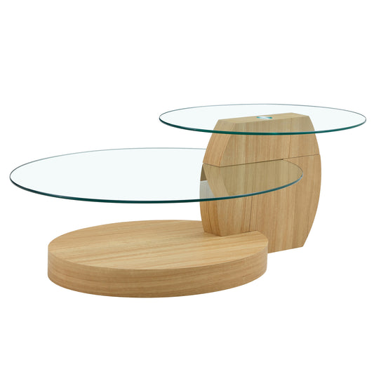 Lucvara Modern Light Wood Grain Coffee Table – Double Layer, Oval MDF & Reinforced Glass Top, Versatile Living Room Table, Multiple Colors