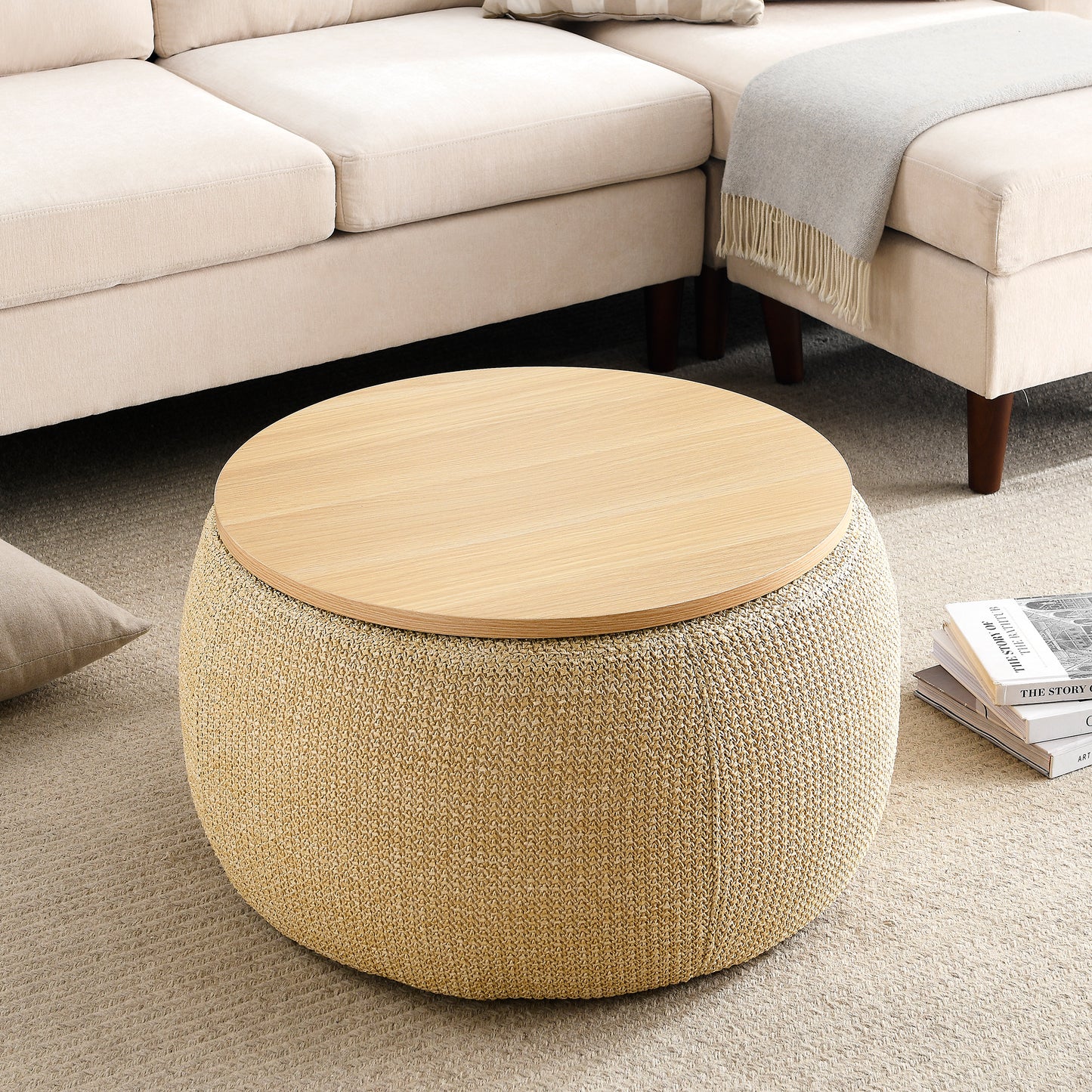 Lucvara Round Storage Ottoman, 2-in-1 Coffee Table & Footrest, Natural Fabric Upholstered End Table with Hidden Storage, 25.5" x 25.5" x 14.5"