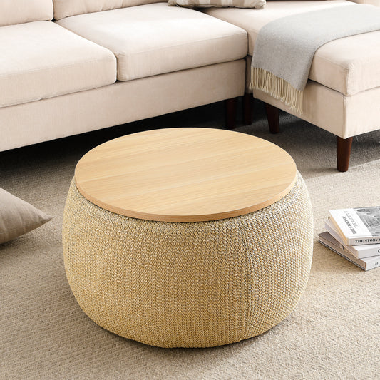 Lucvara Round Storage Ottoman, 2-in-1 Coffee Table & Footrest, Natural Fabric Upholstered End Table with Hidden Storage, 25.5" x 25.5" x 14.5"