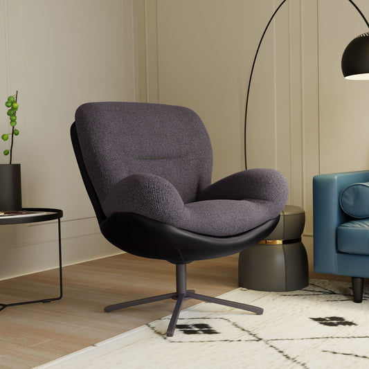 Lucvara 360° Swivel Office Chair – Modern Chenille Upholstered Accent Chair with Faux Leather & Black Metal Base, Armless No-Wheel Chair for Small Spaces, Living Room, Bedroom, or Reading Nook (Dark Blue)