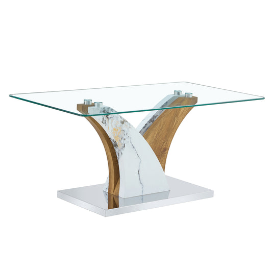Lucvara Rectangular Coffee Table – Modern 39.4″ × 21.6″ Living Room Table with Tempered Glass Top & MDF Artistic Legs, White & Wood Finish