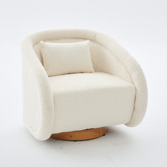 Swivel Accent Chair with Teddy Upholstery in White, 360-Degree Rotating Barrel Chair for Living Room, Bedroom, or Office, Made of Fabric and Solid Rubber Wood