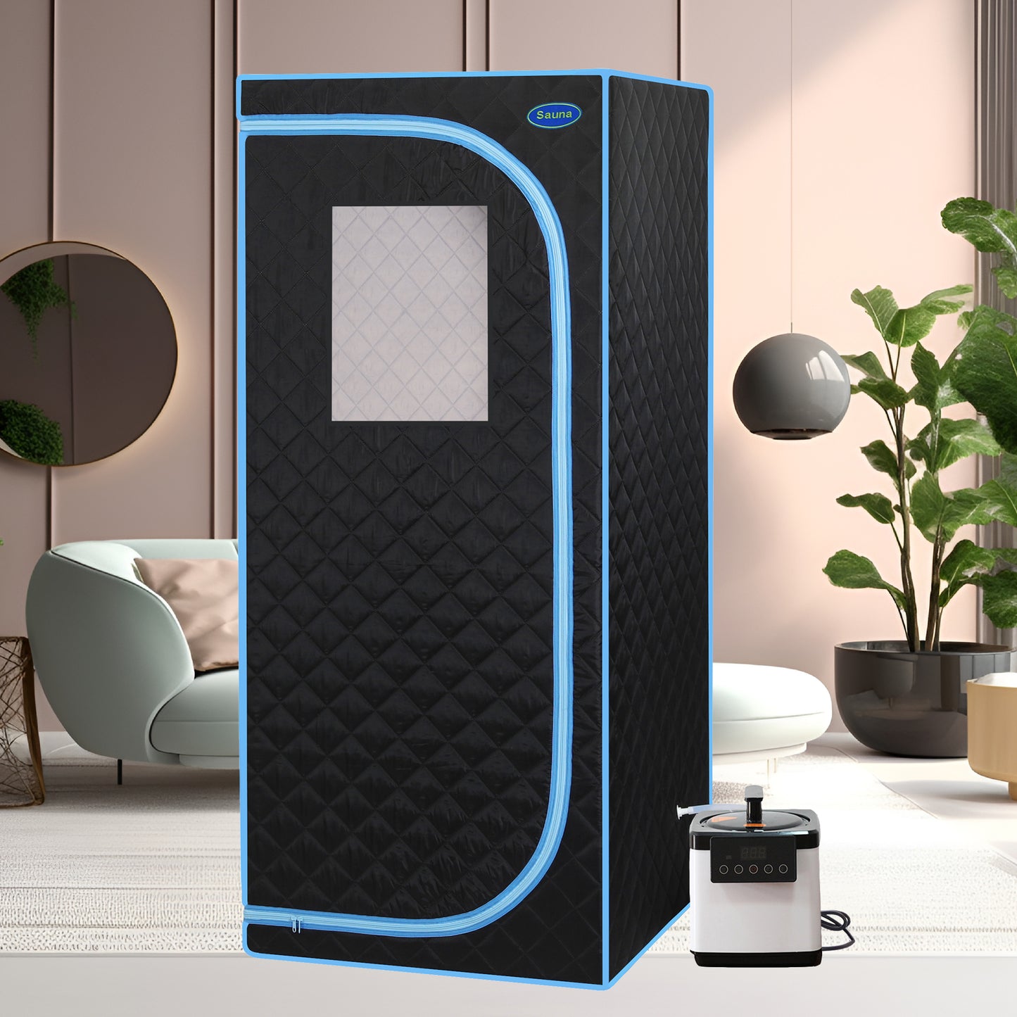 Lucvara Full-Size Portable Plus Steam Sauna Tent – Home Spa for Detox, Therapy, and Relaxation, Larger Space, Stainless Steel Pipe Connector, Easy Install, FCC Certified – Black with Blue Binding