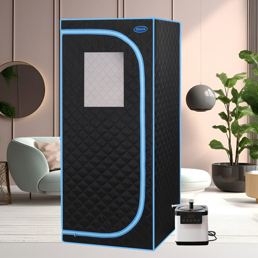 Lucvara Full-Size Portable Plus Steam Sauna Tent – Home Spa for Detox, Therapy, and Relaxation, Larger Space, Stainless Steel Pipe Connector, Easy Install, FCC Certified – Black with Blue Binding