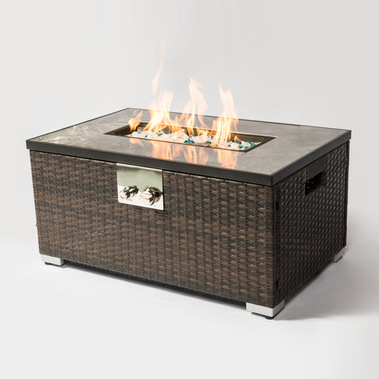 Lucvara 32″ Outdoor Propane Fire Pit Table – 50,000 BTU Rectangular Gas Fire Table with Tile Tabletop & Wicker Base, Brown