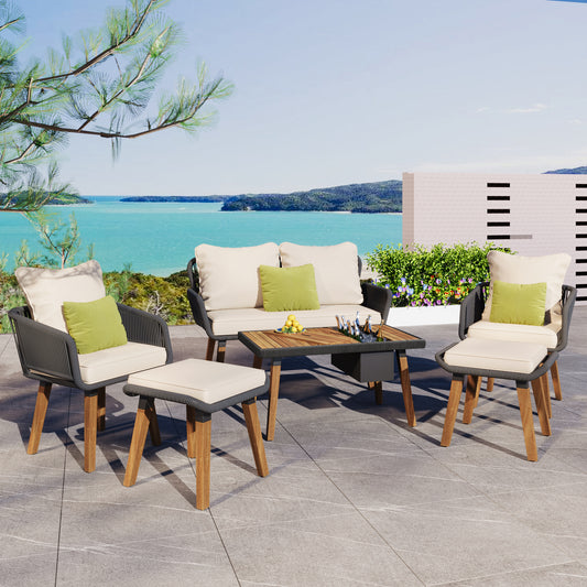 Lucvara 6-Piece Outdoor Rope Patio Set – Deep Seat Conversation Furniture with Acacia Wood Cool Bar Table & Ice Bucket, 2 Stools, Black & Beige