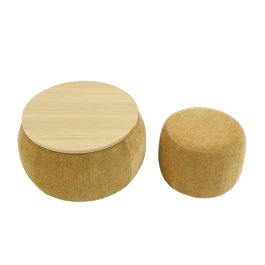 Lucvara Round Storage Ottoman, 2-in-1 Ottoman and End Table with Eucalyptus Wood Frame and Foam, Dark Yellow, 25" x 25" x 14.7"