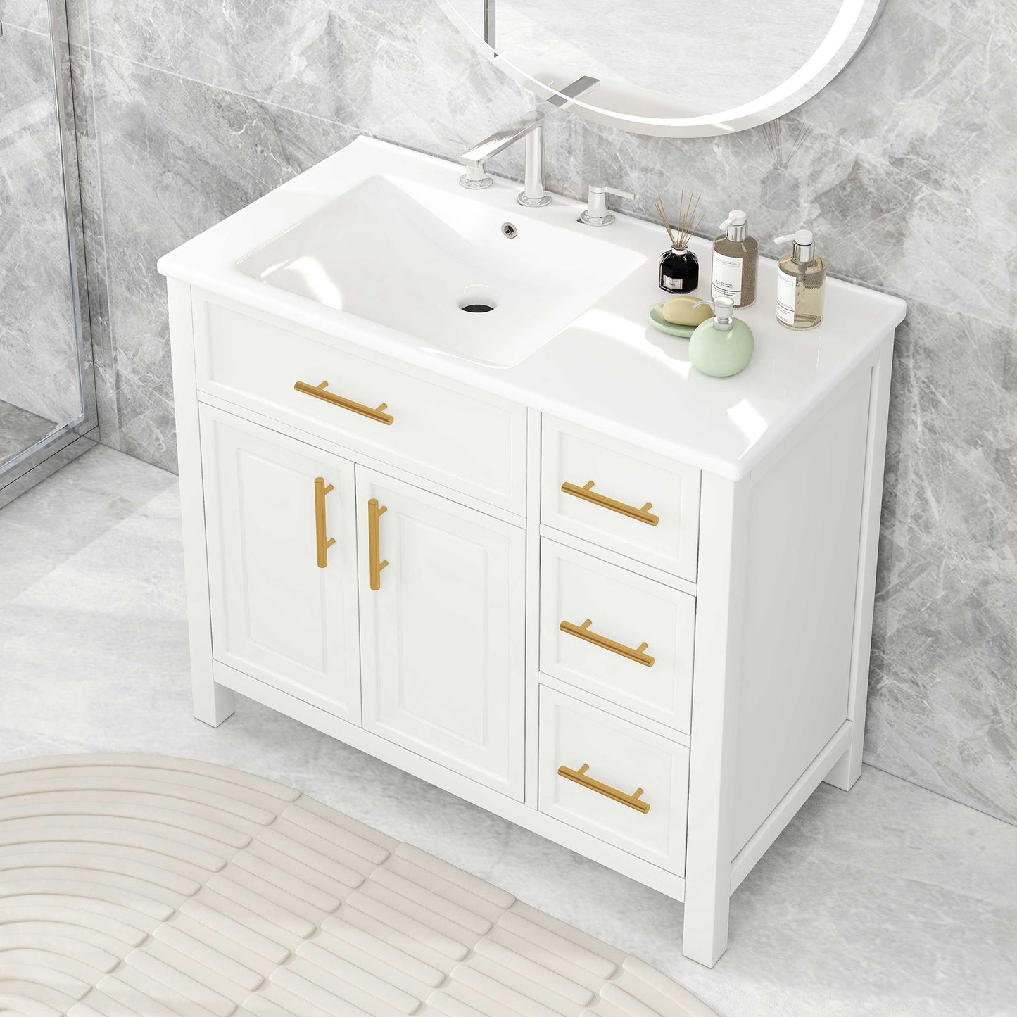 36' Bathroom Vanity with Sink Top, Bathroom Vanity Cabinet with Two Doors and Three Drawers, Solid Wood , MDF Boards ,One Package, White (Old Sku:N725P198316K)