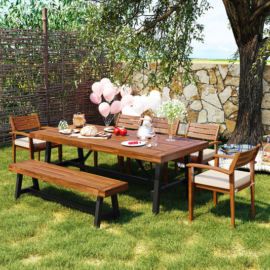 Lucvara 7–8 Person Outdoor Dining Set – Solid Wood Patio Furniture with Thick Table, Ergonomic Chairs, Bench & Removable Cushions, Natural