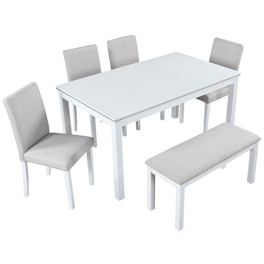 Lucvara 6-Piece Dining Room Set – White Rectangular Wooden Table with Crystal Detail, 4 Upholstered Chairs & Bench for 6 People
