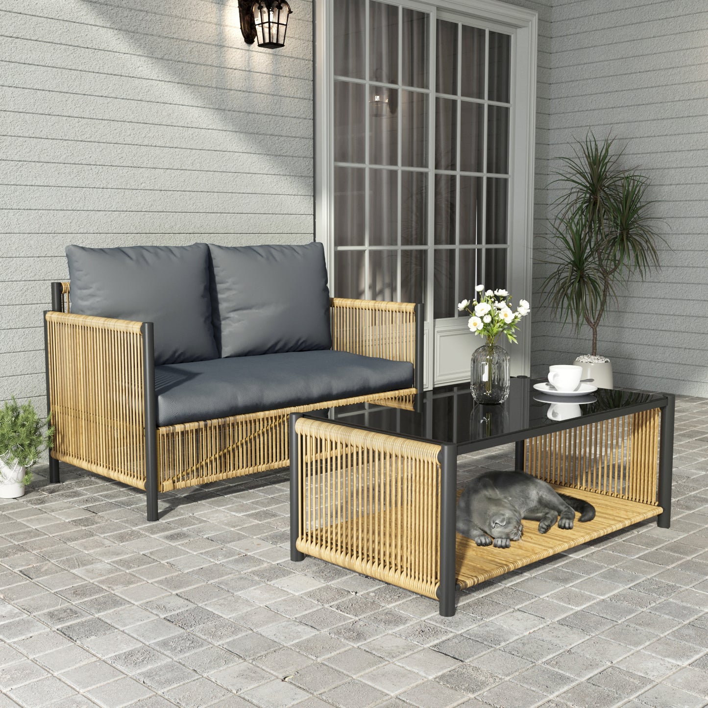 Lucvara Outdoor PE Wicker 2-Seat Sofa Set with Table – Brown Wicker & Grey Cushions