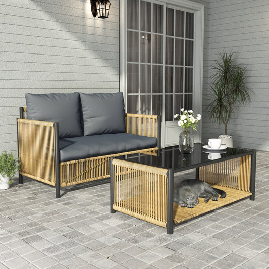 Lucvara Outdoor PE Wicker 2-Seat Sofa Set with Table – Brown Wicker & Grey Cushions