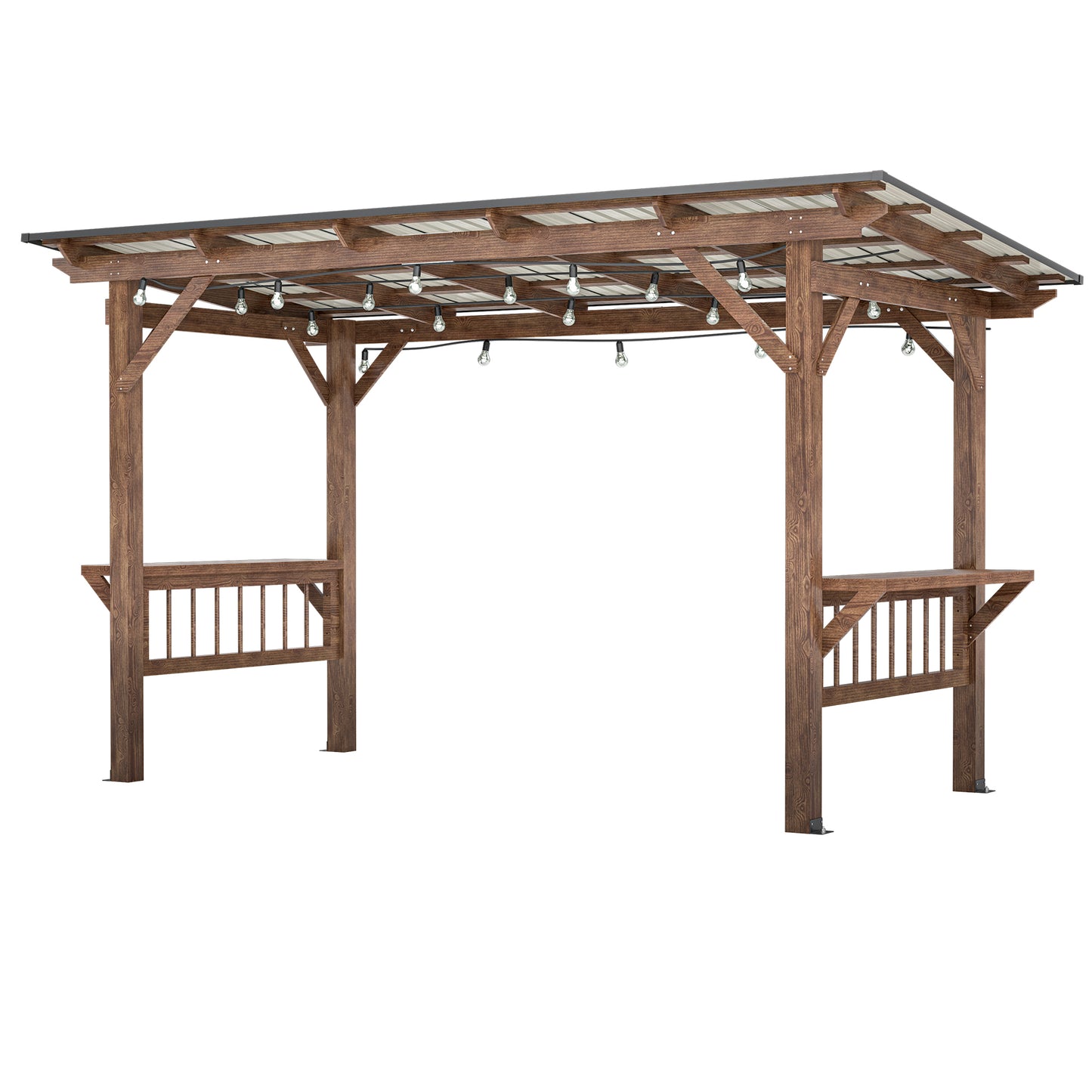Lucvara 13′ × 6.5′ Wooden Grill Pergola Gazebo, Outdoor BBQ Pavilion with Metal Roof, String Lights & Bar Counters