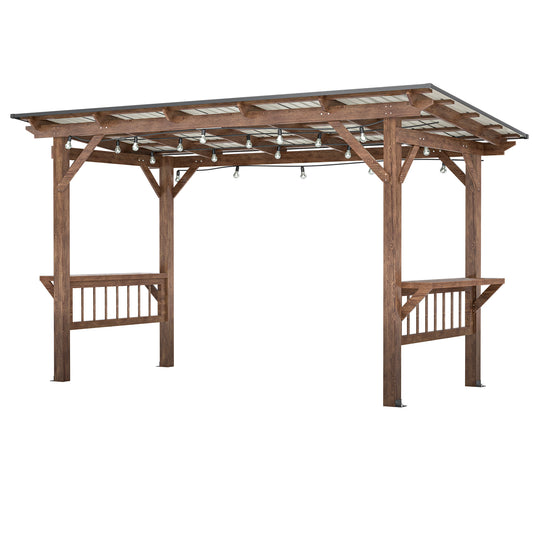 Lucvara 13′ × 6.5′ Wooden Grill Pergola Gazebo, Outdoor BBQ Pavilion with Metal Roof, String Lights & Bar Counters