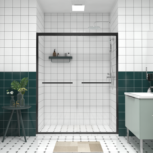 Lucvara 56–60" W x 74" H Double Sliding Shower Door – Matte Black Aluminum Frame, Premium 1/4" (6mm) Clear Tempered Glass, Bypass Bathroom Sliding Enclosure with Black Hardware
