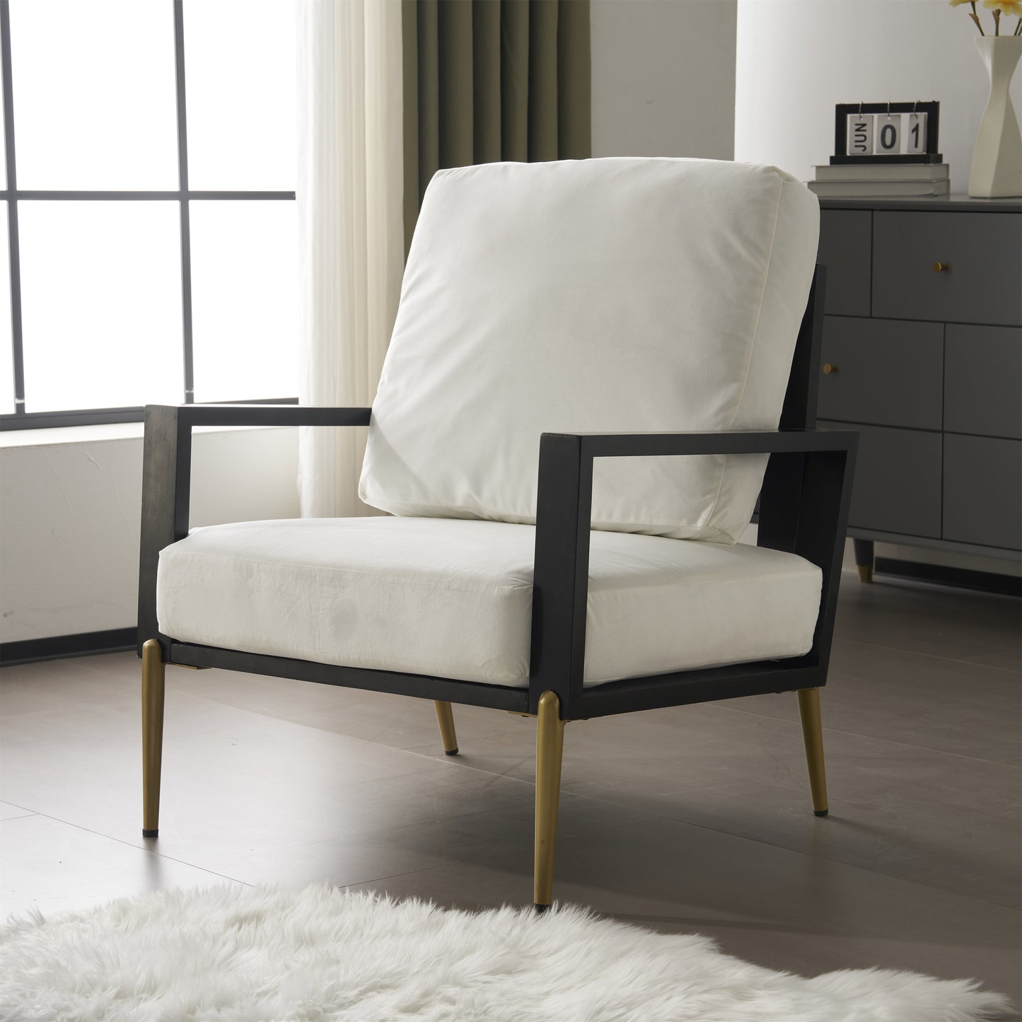 Lucvara Modern Low-Back Accent Armchair – White Upholstered Single Sofa Chair with Pillow Back, Wide Armrests, Gold Metal Legs & Rubberwood Frame, Minimalist Lounge Chair for Living Room or Balcony