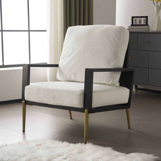 Lucvara Modern Low-Back Accent Armchair – White Upholstered Single Sofa Chair with Pillow Back, Wide Armrests, Gold Metal Legs & Rubberwood Frame, Minimalist Lounge Chair for Living Room or Balcony